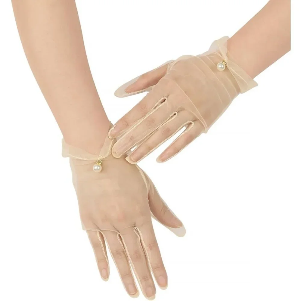 Women's Tan Evening Pearl Short Gloves Wedding Dance Party Tea Accessories